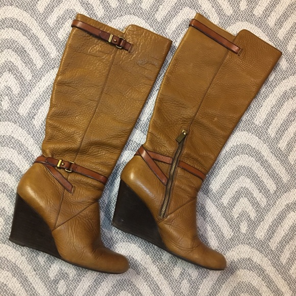 COACH Adair Wedge Heel Tall Boots Brown Tan, 8.5B